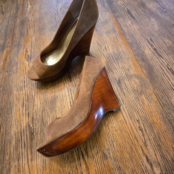 NWOT Wedge Platform Tan/Camel Suede Leather NINE WEST Sz 10 - Picture 3 of 9